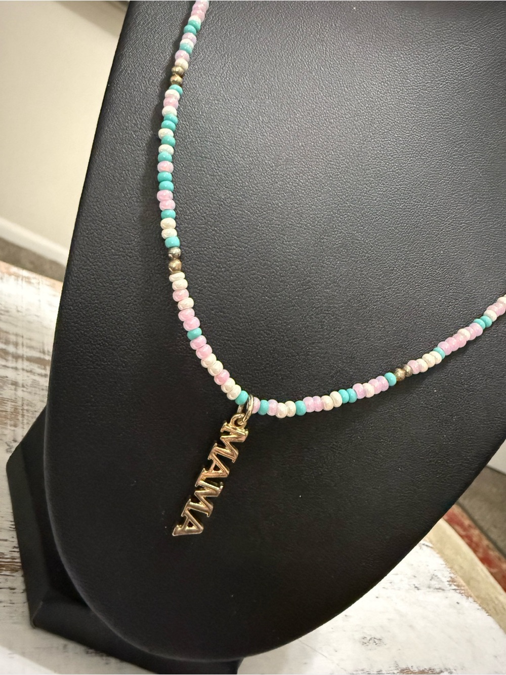 Mama Gold Pendant Beaded Necklace in Pastel Pink, Mint & Cream